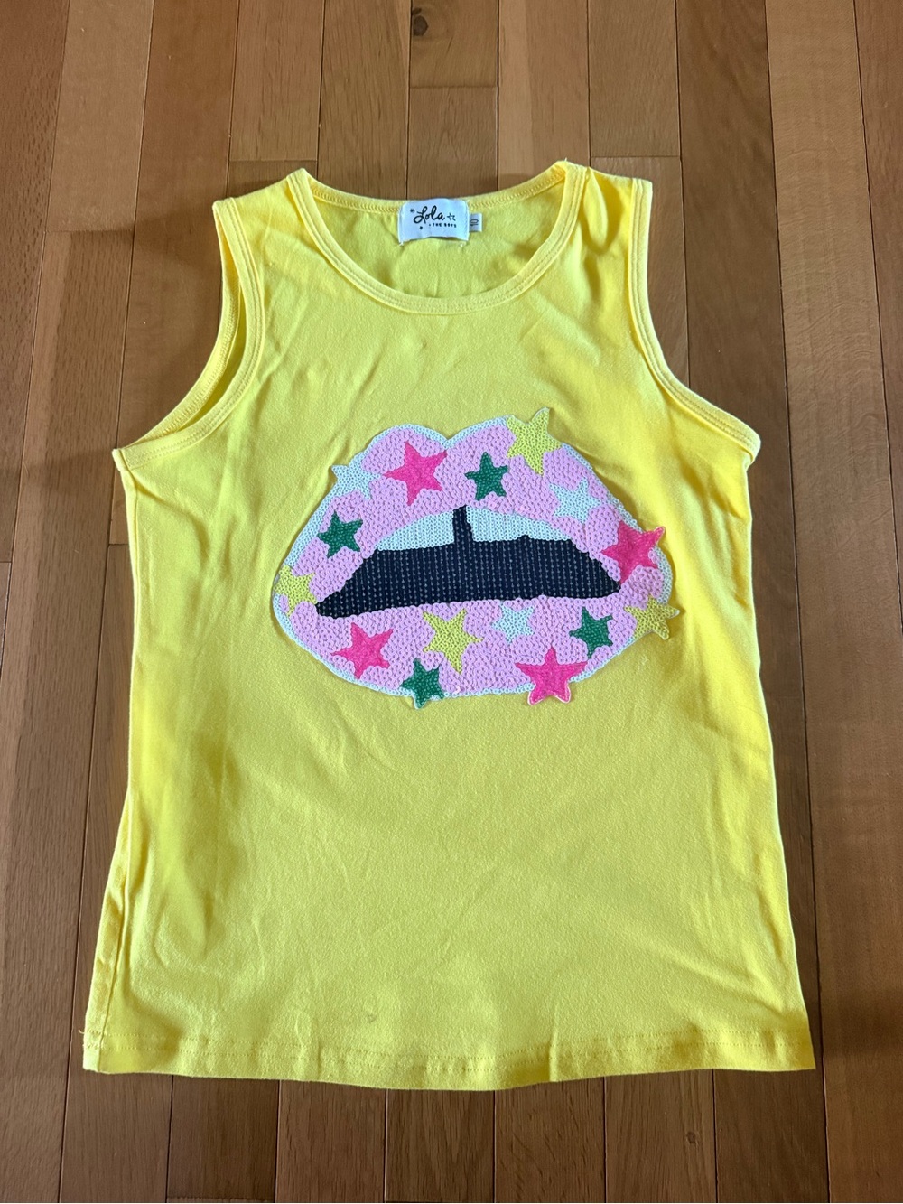 lola Bright Yellow Tank Top with Pink Star Lips Graphic